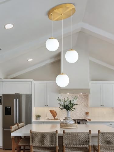 3 Light White Globe Pendant Light Modern Bubble Chandelier Gold Pendant Chandelier for Dining Room Kitchen Island Foyer Hallway (Gold-White / Globe 3-Light)