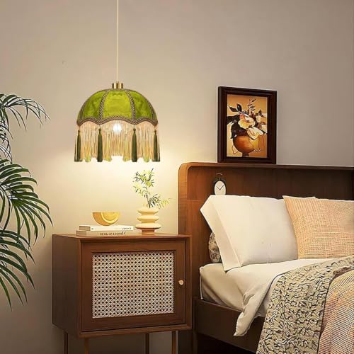 Plug in Pendant Light Hanging Lights with Plug in Cord Fringe Green Hanging Lamp Gold Mid Century Vintage Dimmable Tassel Flower Plug in Chandelier Ceiling Fixture Victorian Boho 2 Pack (Pendant Light-26)