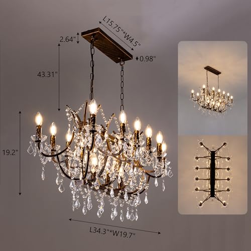 Crystal Chandelier Farmhouse Rectangle Chandeliers for Dining Room (Transparent / 34 inch)