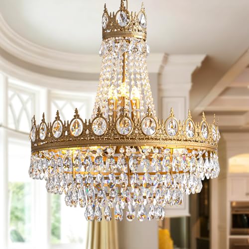 Gold Crystal Chandeliers for Dining Room Light Fixture (D24"H27"- Gold)