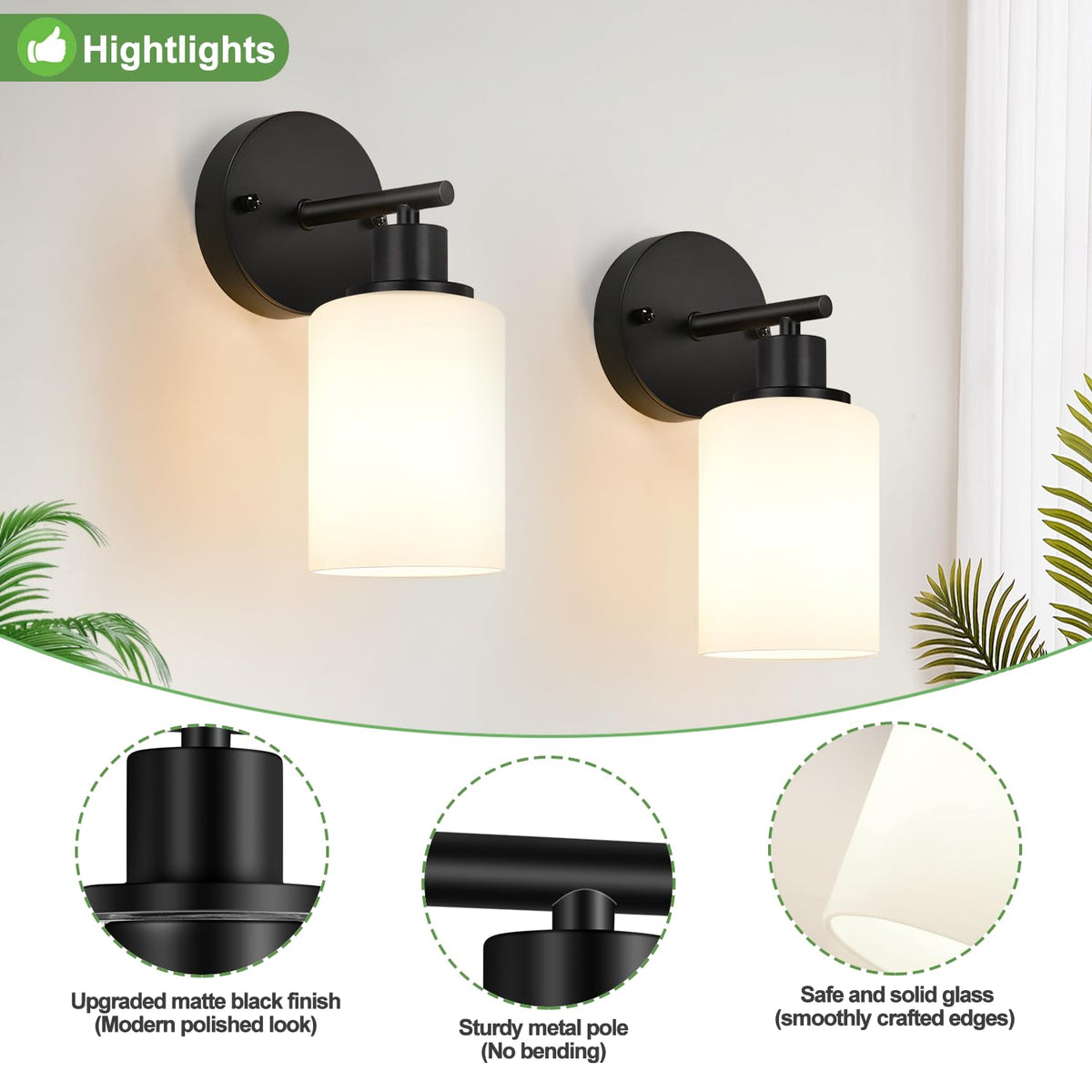 Set of 2 Wall Sconces for Bathroom (Matte Black & Milky White Glass / 1-light)