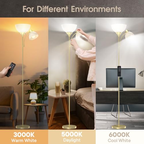 Torchiere Floor Lamp with Remote Control and Adjustable Reading Light (Golden)