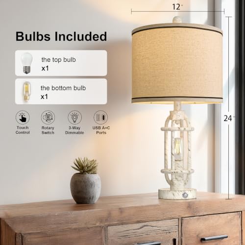 23.75'' Table Lamps Set of 2 for Living Room Bedroom Industrial Farmhouse Metal Touch Lamps with USB A+C Ports (23.75'' White - Set of 2)