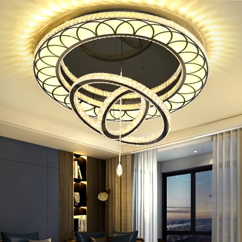 Dia 32" Modern Crystal Chandelier Crystal Black Ceiling Light Fixtures LED Flush Mount Ceiling Light for Living Room Bedrooms Dining Room Dimmable 2700k 4500k 6000k (Black / W:32inches)