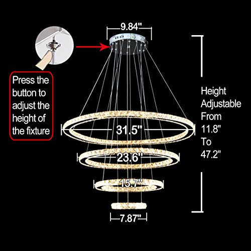 LED Crystal Chandeliers Modern Ceiling Lights Light Fixtures Pendant Lighting Dining Room Chandelier Contemporary Adjustable Stainless Steel Cable 4 Rings D31.5+23.6"+15.7"+7.8" (31.49")