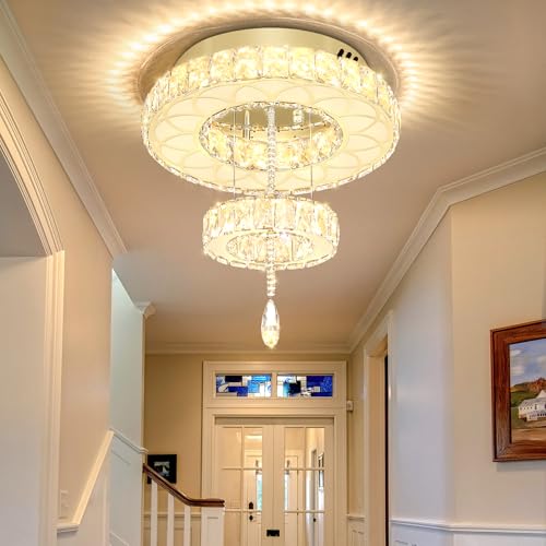 Dia 16inch Modern Gold Crystal Chandeliers Crystal Ring Chandelier for Hallway Bedroom Living Room Dining Room Dimmable LED Crystal Ceiling Light (Gold / W:16inches)