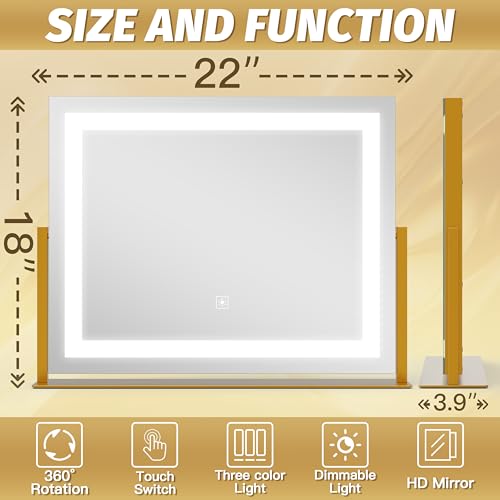 Vanity Mirror with Lights 22''x18'' Makeup Mirror with Lights (Gold / 22"L x 18"W)