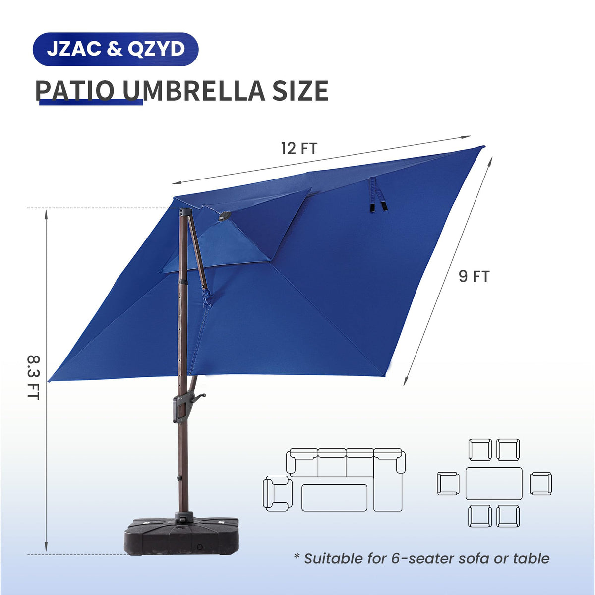 9x12 FT Cantilever Offset Patio Umbrella with Lights & Base (Navy)