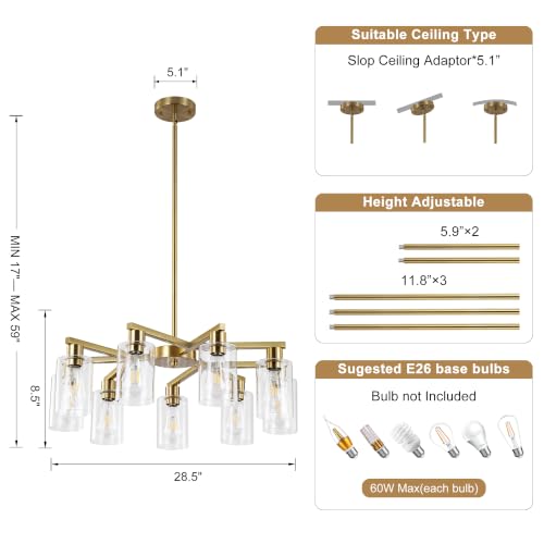 9 Light Gold Chandelier (Gold / 9-Lights/D29.5 '')