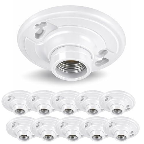 10 Pack) Keyless Plastic Lamp Holder, Medium Base E26 Ceiling Light Socket, One-Piece Outlet Box Mount, 660W UL Listed, Socket Holder for LED Incandescent Bulbs, Utility Lamp Socket Replacement (Plastic Keyless)