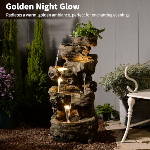 40.5" H Outdoor Water Fountain 5 Tiers Large Cascading Wooden Imitative Wood Natural Waterfall Outdoor Fountain Resin Imitation Wood with LED Lights for Garden (40.5H / Wooden)