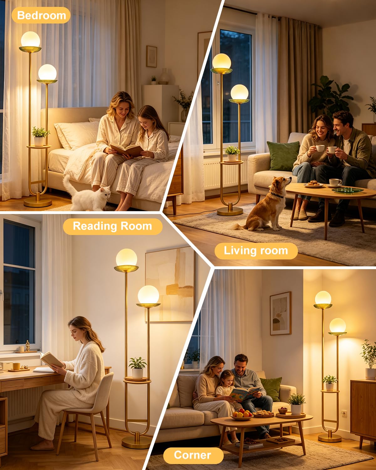 2 Globe Floor Lamp with Green Glass Tray Gold Dimmable Tall Lamp (Green-2U Gold)
