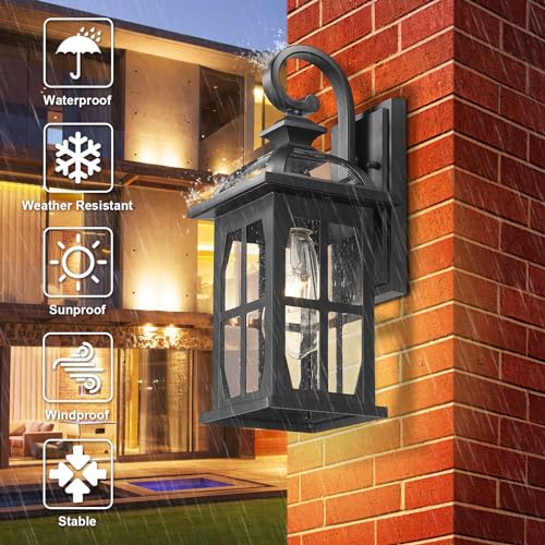 Outdoor Wall Lights (Black-Seeded Glass / Medium-2 Pack)