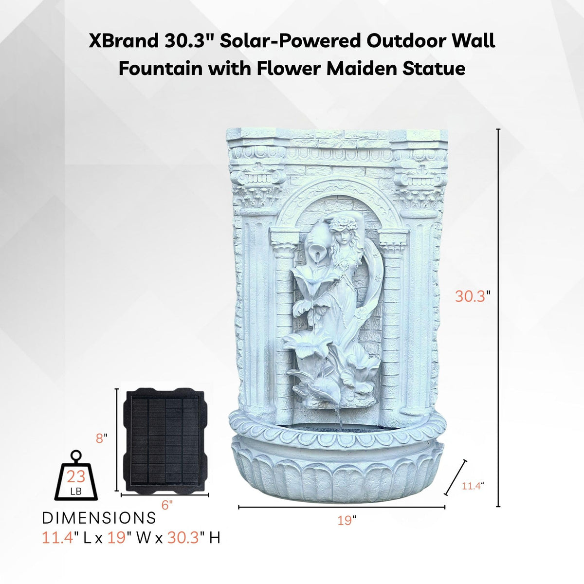 30.3" Solar Powered Outdoor Wall Fountain with Flower Maiden Statue (White)