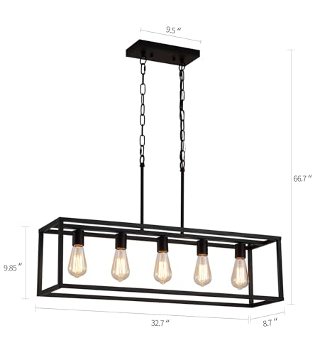 Black Rectangle Kitchen Island Lights Rectangular Modern Industrial Chandelier for Dining Room 5 Lights Linear Vintage Cage Light Fixtures UL Listed (5-Lights)