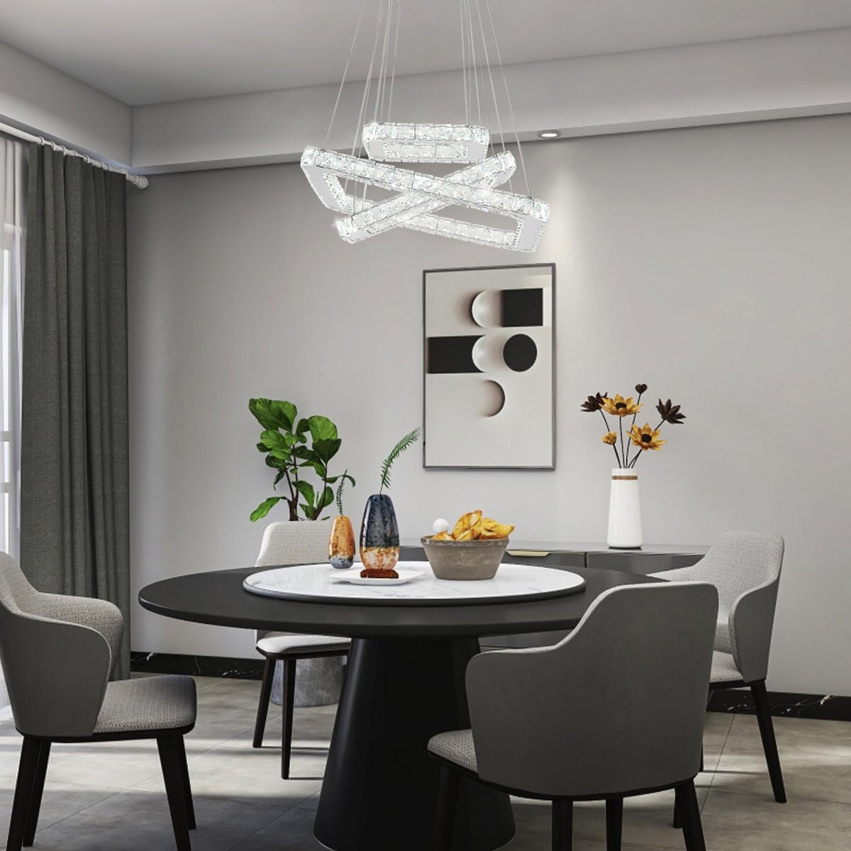 Square 3 Ring Crystal Chandelier Adjustable Height Cool White
