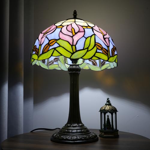 Tiffany Lamp Cute Pink Calla Lily Flower Stained Glass Lamp Vintage Style Living Room Night Light Home Decor Office Christmas Bedside Nightstand Lamps for Bedroom Decorative Accent S Gift Desk Lamp 12 (Calla Lily Lamp)