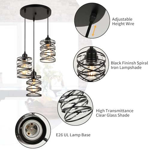 Black 3 Lights Cluster Pendant Light for Kitchen Island (Black Clear Glass / 3 Light)