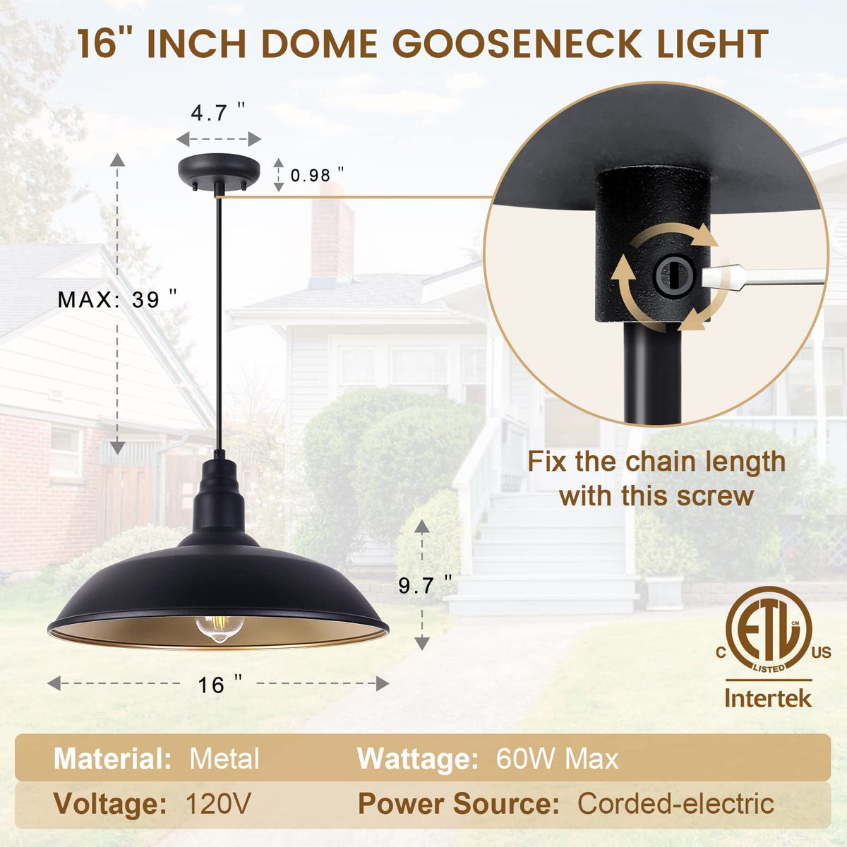 Farmhouse Pendant Light with 16 Inch Dome for Outdoor and Indoor Use (Matte Black / 16" Dome)