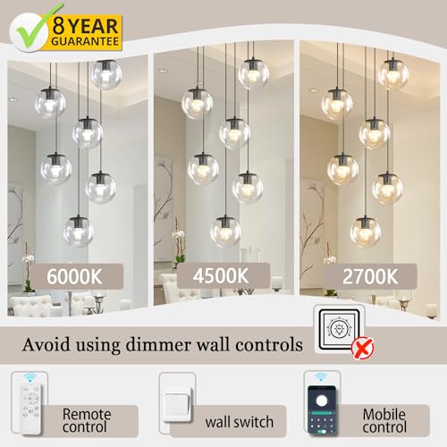 6 Light LED Staircase Modern Glass Globe Pendant Light Large Chandeliers for High Ceilings (Black-Clear / Globe 6-Light)