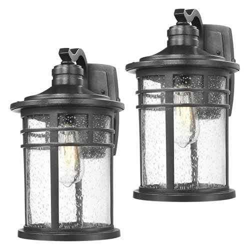 2 Pack Large Outdoor Porch Lights Wall Mount (Black-Seeded Glass / 15"-2Pack)