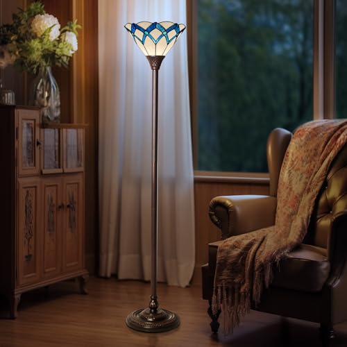 Tiffany Lamp Cream Blue Romantic Stained Glass Torchiere Floor Lamp
