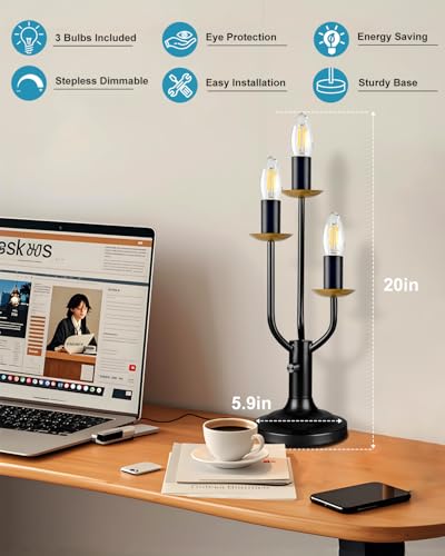Black Vintage Candelabra Table Lamp Dimmable Gift 3 Bulbs Included (02-Black 3-Light Candelabra)