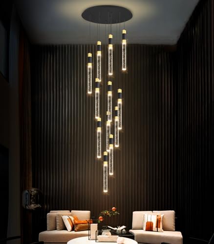 118inch 12 Lights Modern Chandeliers for Living Room LED Dimmbale Light Fixture Entryway High Ceiling Light Pendants Lighting for Dining Room Hallway Staircase with Remote Dimming Chandelier (12 lights Cylindrical)