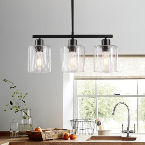 Black 3 Light Kitchen Island Lighting (Black & Clear Glass / 3 Light)