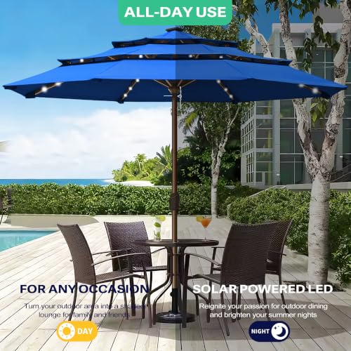 USA 10-Year-Non-Fading 10ft 3-Tier Market Patio Umbrella, Commercial Table Umbrella with 80 Solar LED Lights, Crank Open, Windproof & UPF 50+ UV Protection for Garden, Deck, Pool, Backyard, No Tilt, Royal Blue (Royal Blue / 10FT(Triple Vents No Tilt))