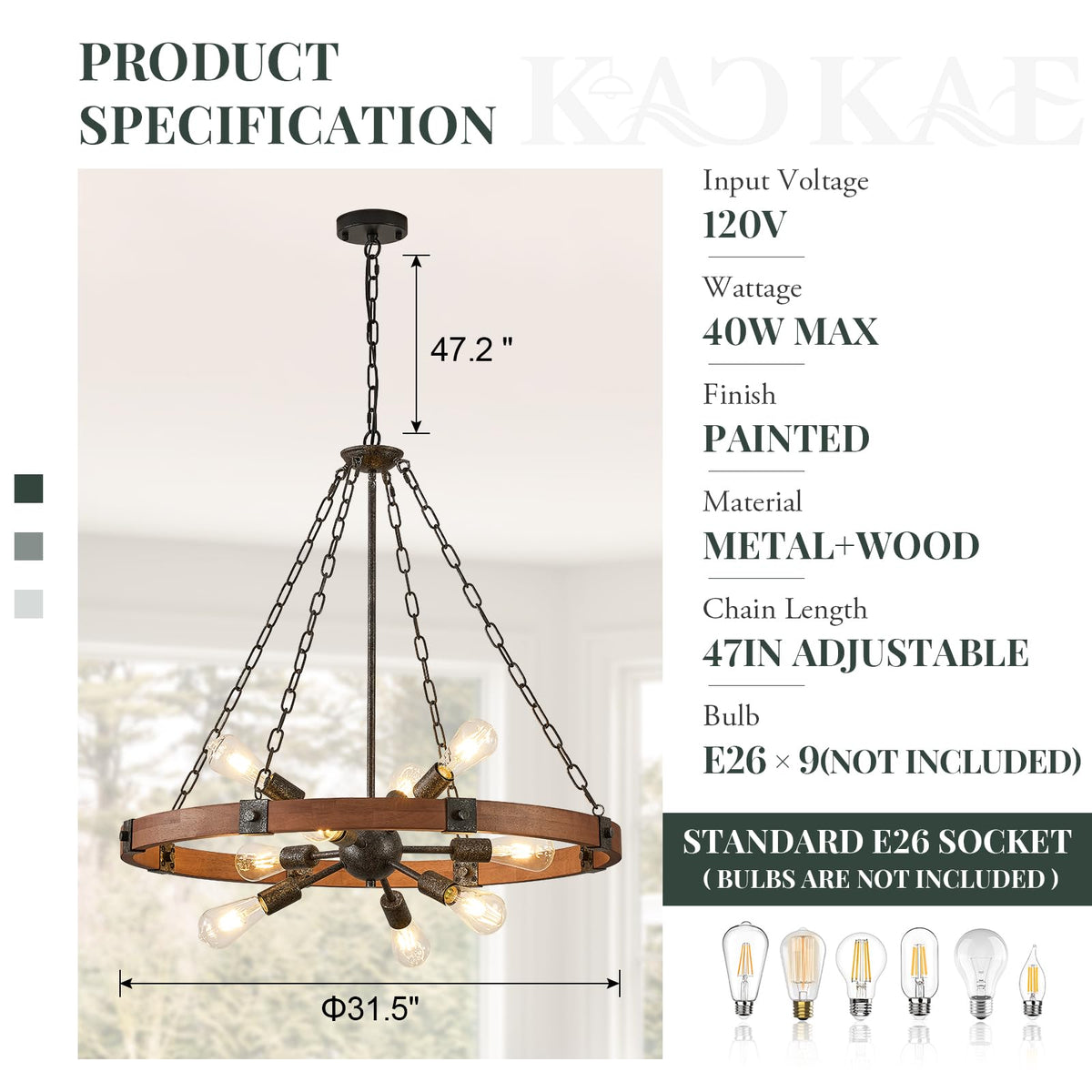 Farmhouse Wagon Wheel Chandelier 31" Wooden Chandelier Light Fixture (Walnut / 31.5 inch 9-Light)