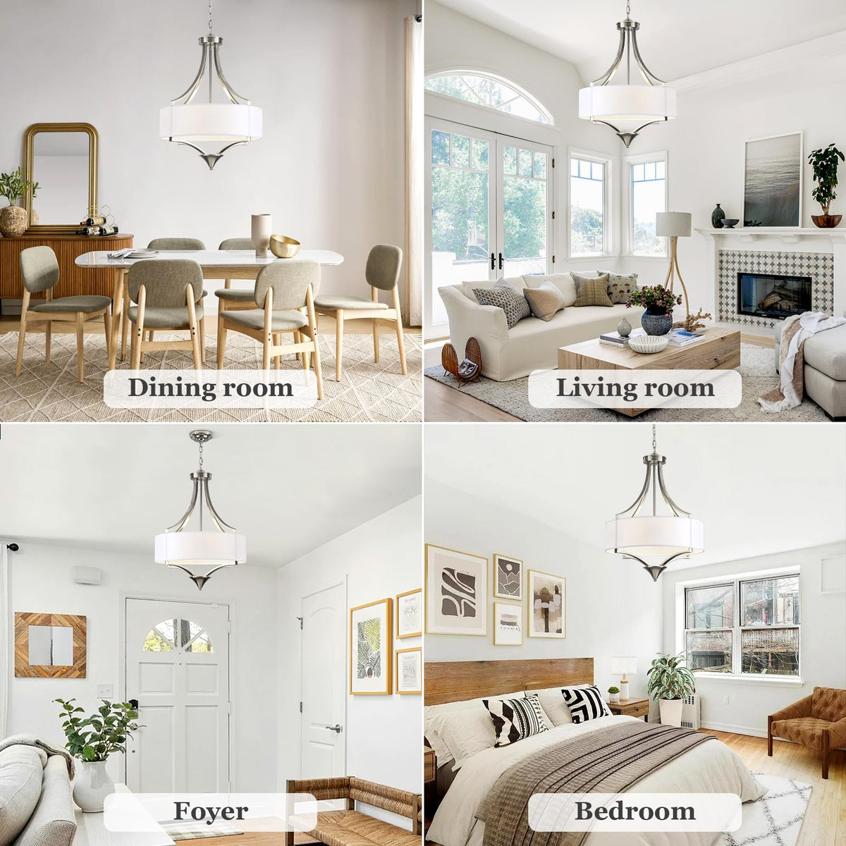 6 Light Brushed Nickel Chandelier 19.7" Modern Drum Chandeliers for Dining Room Light Fixture with White Fabric Shade Large Pendant Lighting for Kitchen Island Living Room Bedroom Foyer Over Table (6-Light Brushed Nickel and White)