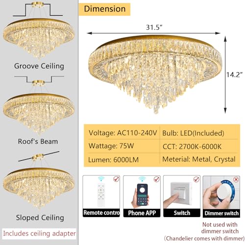 Modern Crystal Chandeliers for Living Room Ceiling Light Fixture LED Dimmable Lamp with Remote Pendant Lighting Flush Mount Ceiling Light for Dining Room Bedrooms Foyer (Gold / 31.5" Width)