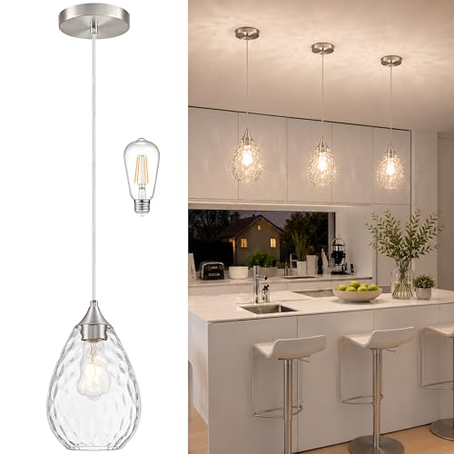 Nickel Glass Pendant Lights Kitchen Island 6.3" Pendant Light Fixtures Hammered Clear Glass Height Adjustable Modern Hanging Pendant Lights for Dining Room Bedroom Hallway Sink Bulb Incl (Nickel, 1 PK / 6.3 Inch)