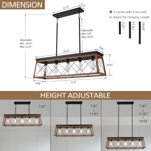37.8Inches Farmhouse Rectangular Chandelier Rustic (37.8InchesWood)