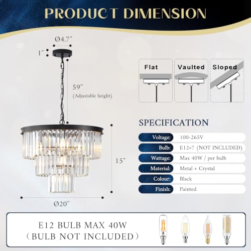 Black Crystal Chandeliers 7 Lights 20" Luxury Round Chandelier (Black / Small-20”)