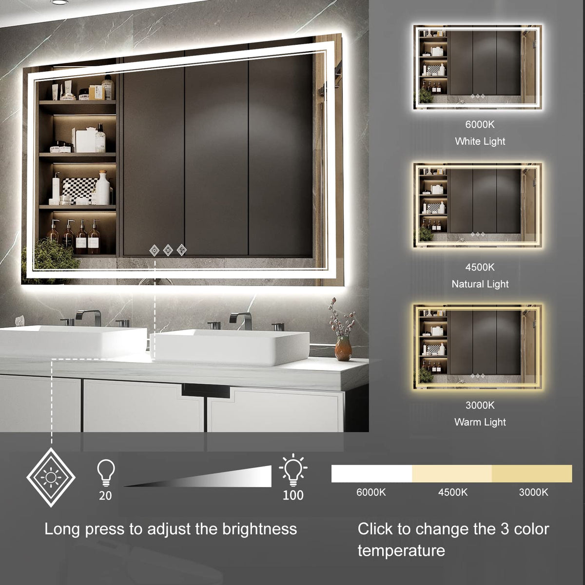 Bathroom Mirror with Lights (Front and Backlit / 60"L x 40"W)