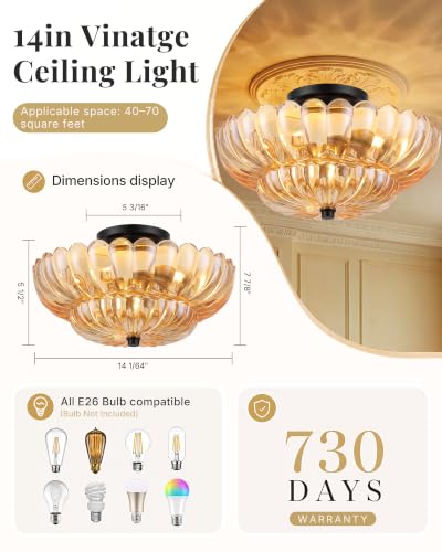 Semi Flush Mount Ceiling Light Fixture 14" Vinatge Black Ceiling Lights Amber Mid Century Modern Glass Close to Ceiling Lighting Fixtures for Bedroom Hallway Kitchen Laundry Room Bathroom (Brown-(black base) / 14inch)