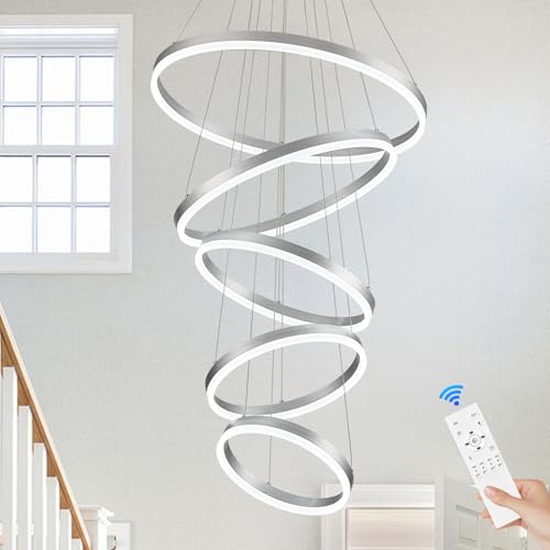 Modern LED Chandelier for Foyer Dimmable Silver High Ceiling Chandeliers Foyer with Remote Control for Entryway Dining Room Living Room Staircase (Silver / 5 Rings 23.6in)