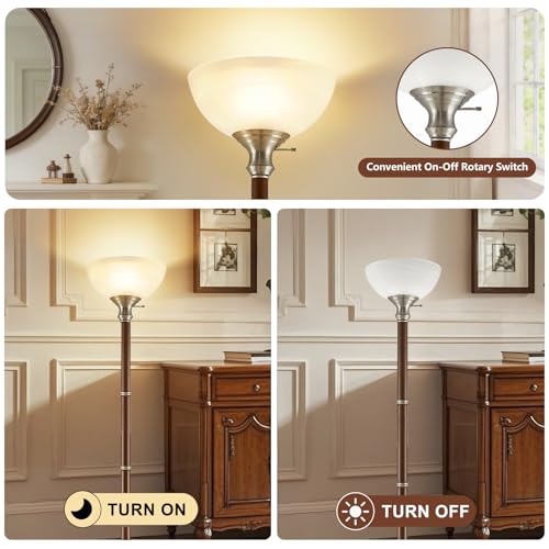 72" Wood Torchiere Floor Lamp with Glass Shade Walnut Standing Lamp (Walnut)
