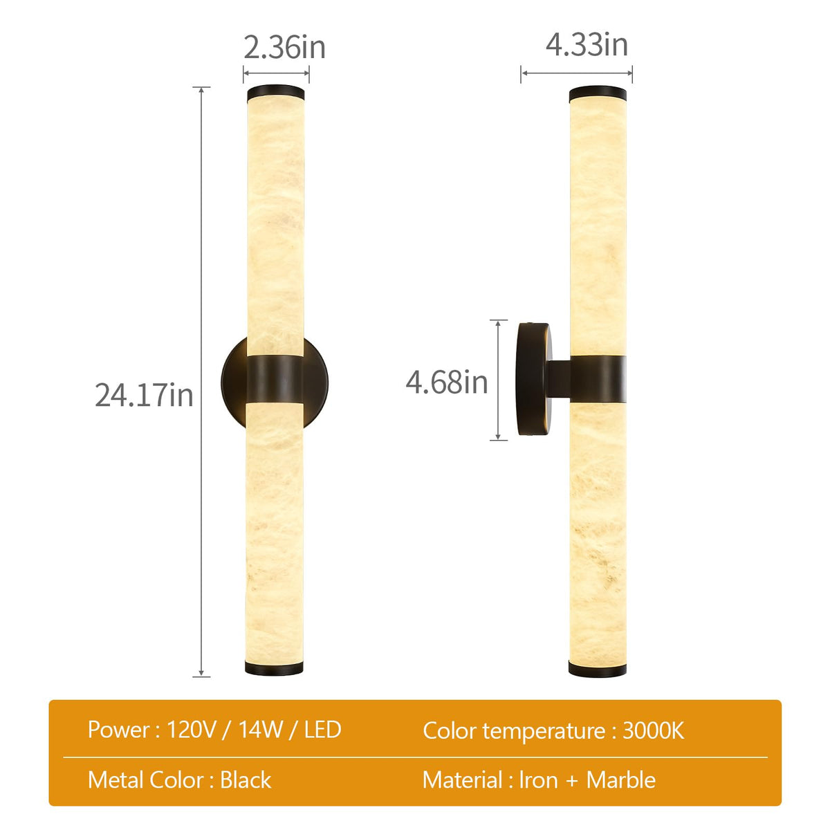 Natural Alabaster Wall Sconces Modern Black LED Wall Lights 24" Spanish Marble Cylinder Sconces for Living Room Bedroom Bathroom Hallway (Black-1 Pack)