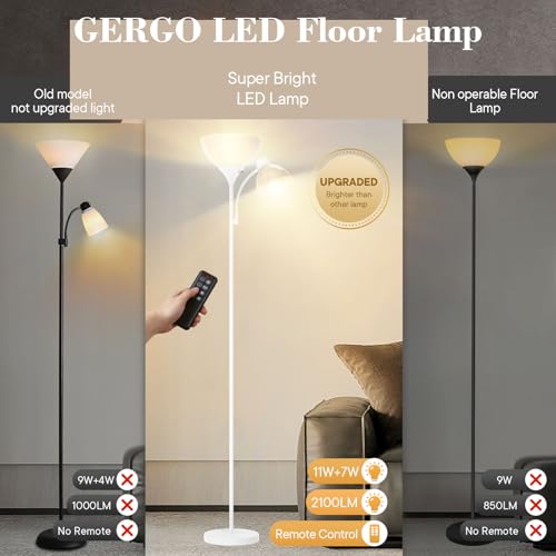 Torchiere Floor Lamp with Remote Control and Adjustable Reading Light (White)