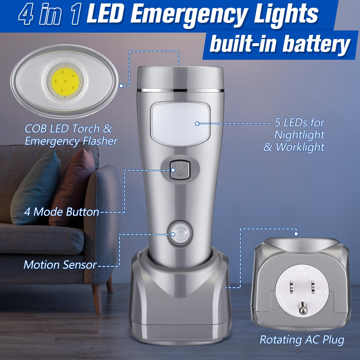 3 Pack 4 in 1 LED Emergency Lights for Home Power Failure (Silver)
