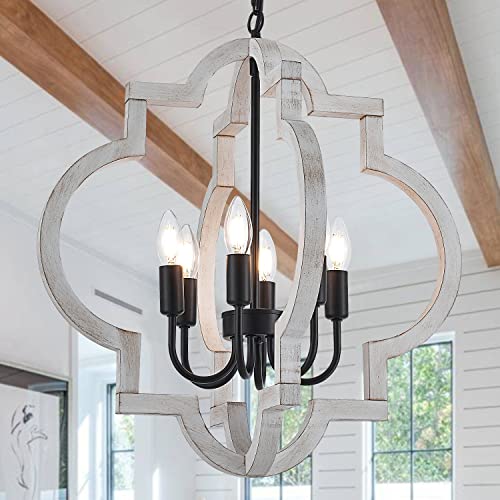 6 Light 21" Farmhouse Orb Chandelier Rustic Handmade Distressed White Wood Hanging Ceiling Pendant Light Fixture Wood Lantern Chandeliers for Dining Room Kitchen Bedroom Foyer Hallway (Textured-White / D21" x H21" 6-Light)