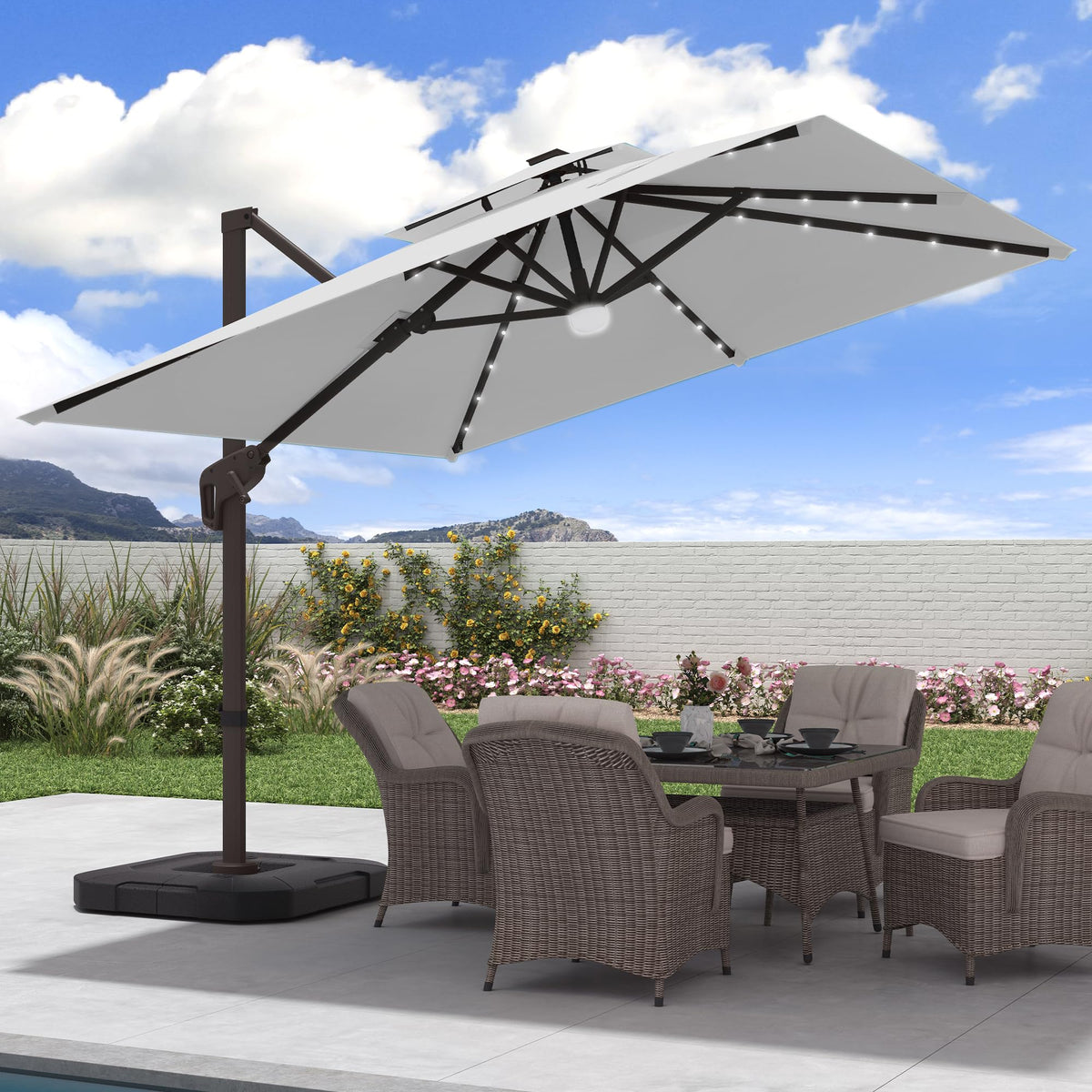 9x9 FT Cantilever Offset Patio Umbrella with Lights & Base (FogGrey)