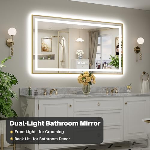 68x36 Inch LED Bathroom Mirror with Gold Frame (Backlit+front Lit With Gold Frame / 68"L x 36"W)