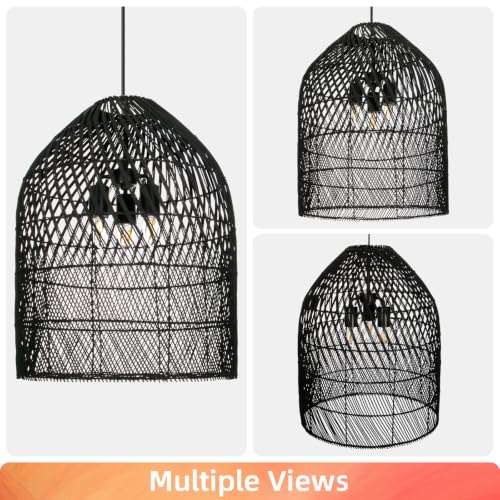 3 Light Rattan Woven Bell Pendant Light for Dining Room Black (Black / 3-Light / 20.8″H)