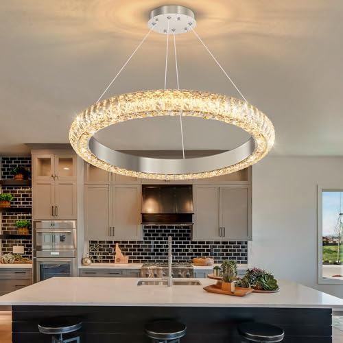 24" Ring Modern LED Dimmable Crystal Chandelier Adjustable Height Pendant Light Round Crystal Chandelier Light Fixtures for Dining Room Living Room Kitchen Island Silver (Silver / 1 Ring Round 24")