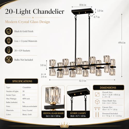 24 Light Linear Crystal Chandelier for Dining Room Kitchen Island 36inch (Black+gold(20Lights）)
