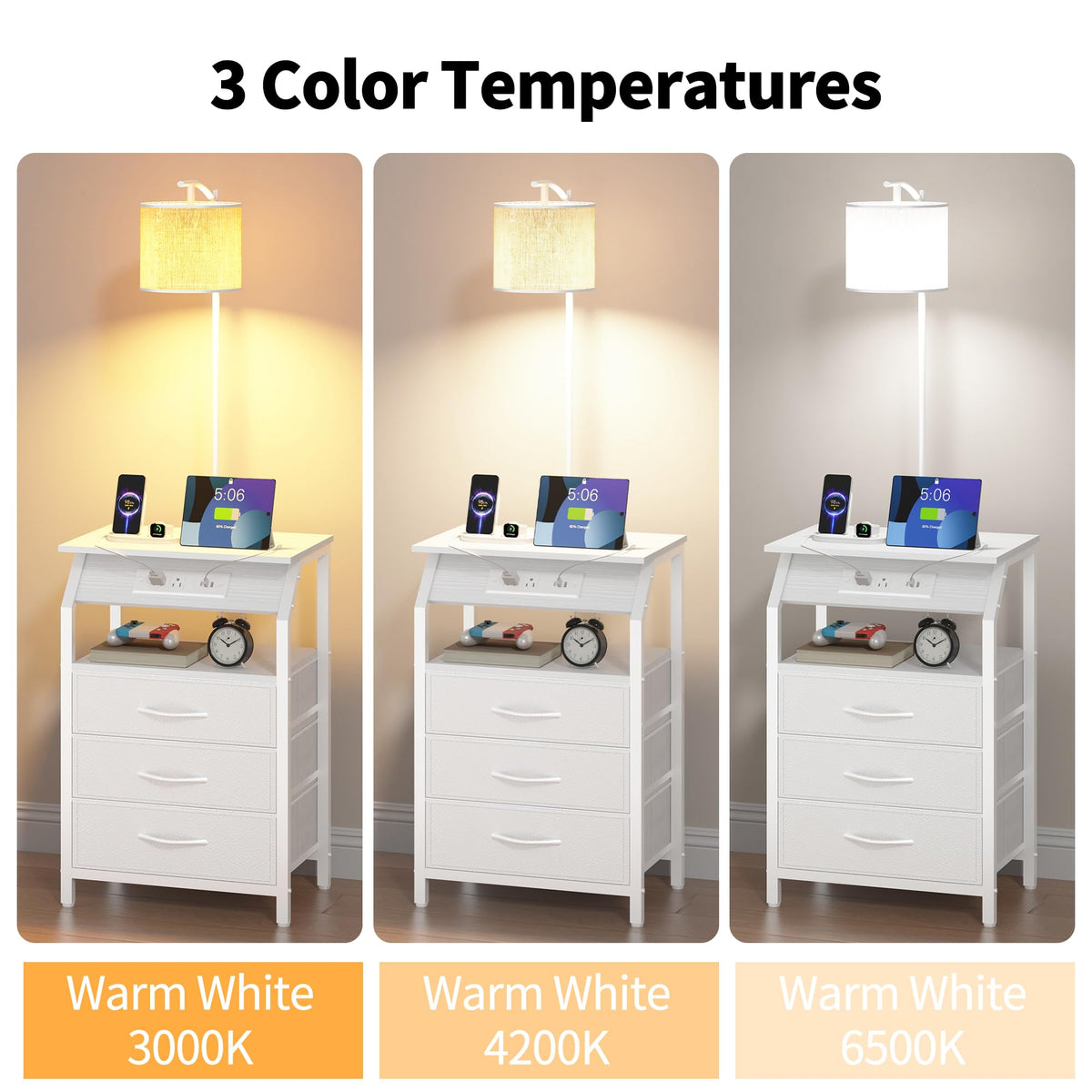 Floor Lamp with Table (White 3 Drawers)